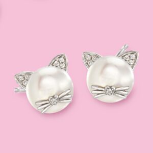 Ross-Simons 8-8.5mm Cultured Pearl Cat Earrings with Diamond Accents in Sterling Silver