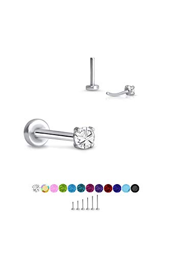 316 Stainless Steel Threadless Push Pin Nose Ring Labret Monroe Stud 1.5mm Prong Hot Pink CZ 18G