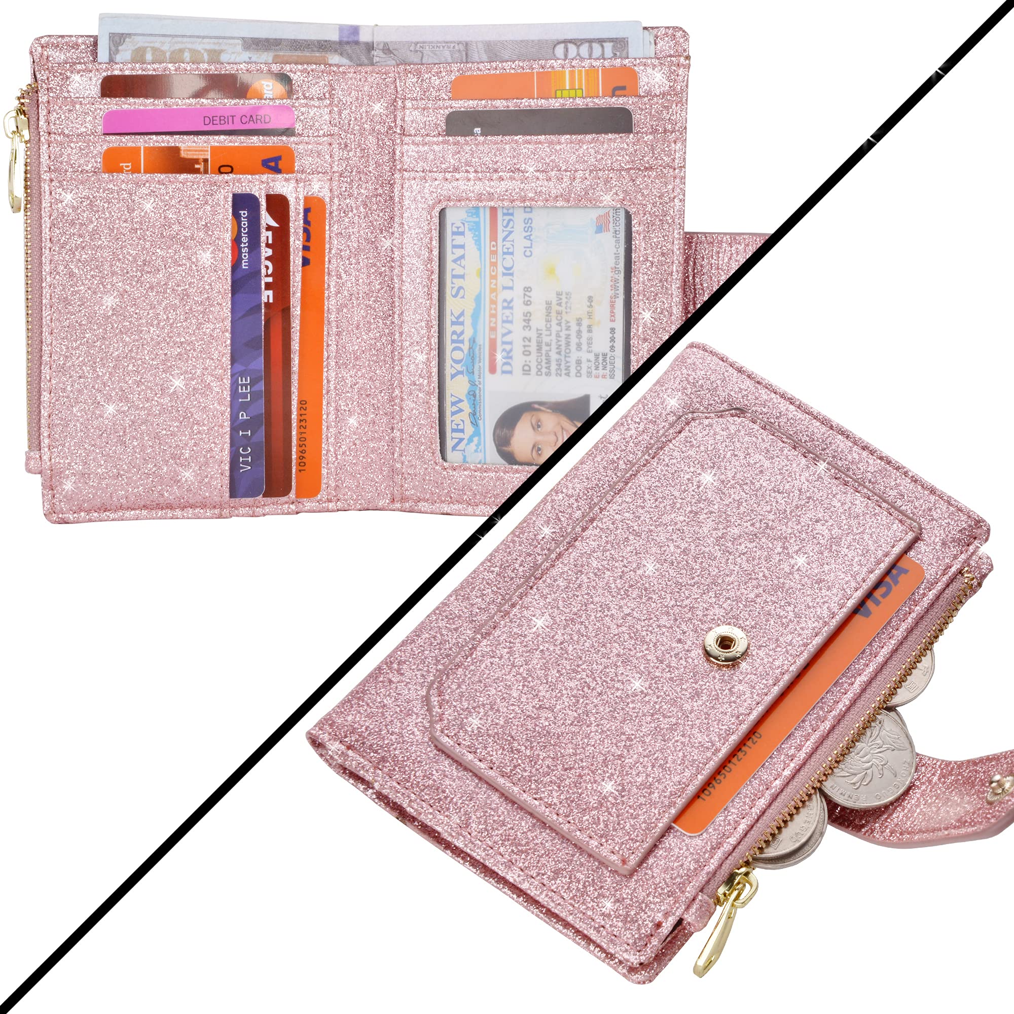 Womens Wallets RFID Small Compact Bifold Leather Card Holder Zip Pocket Keychain