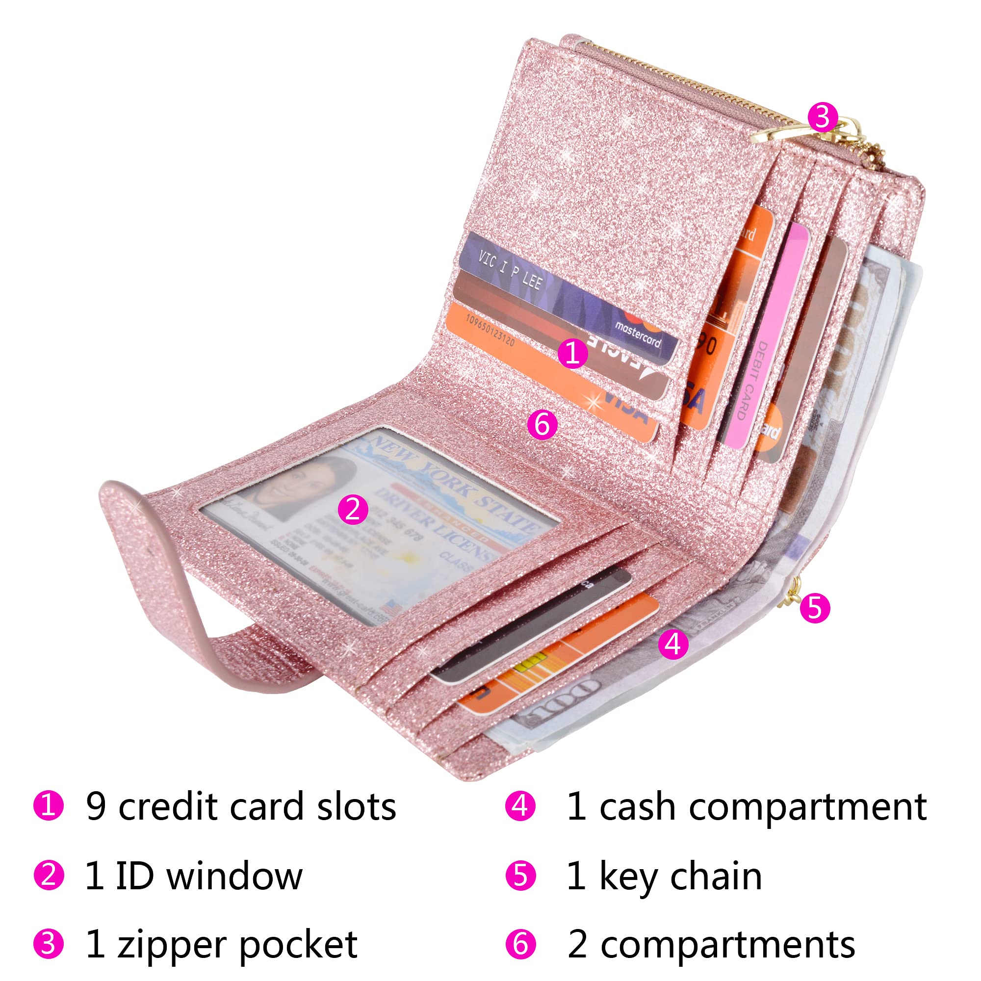 Womens Wallets RFID Small Compact Bifold Leather Card Holder Zip Pocket Keychain