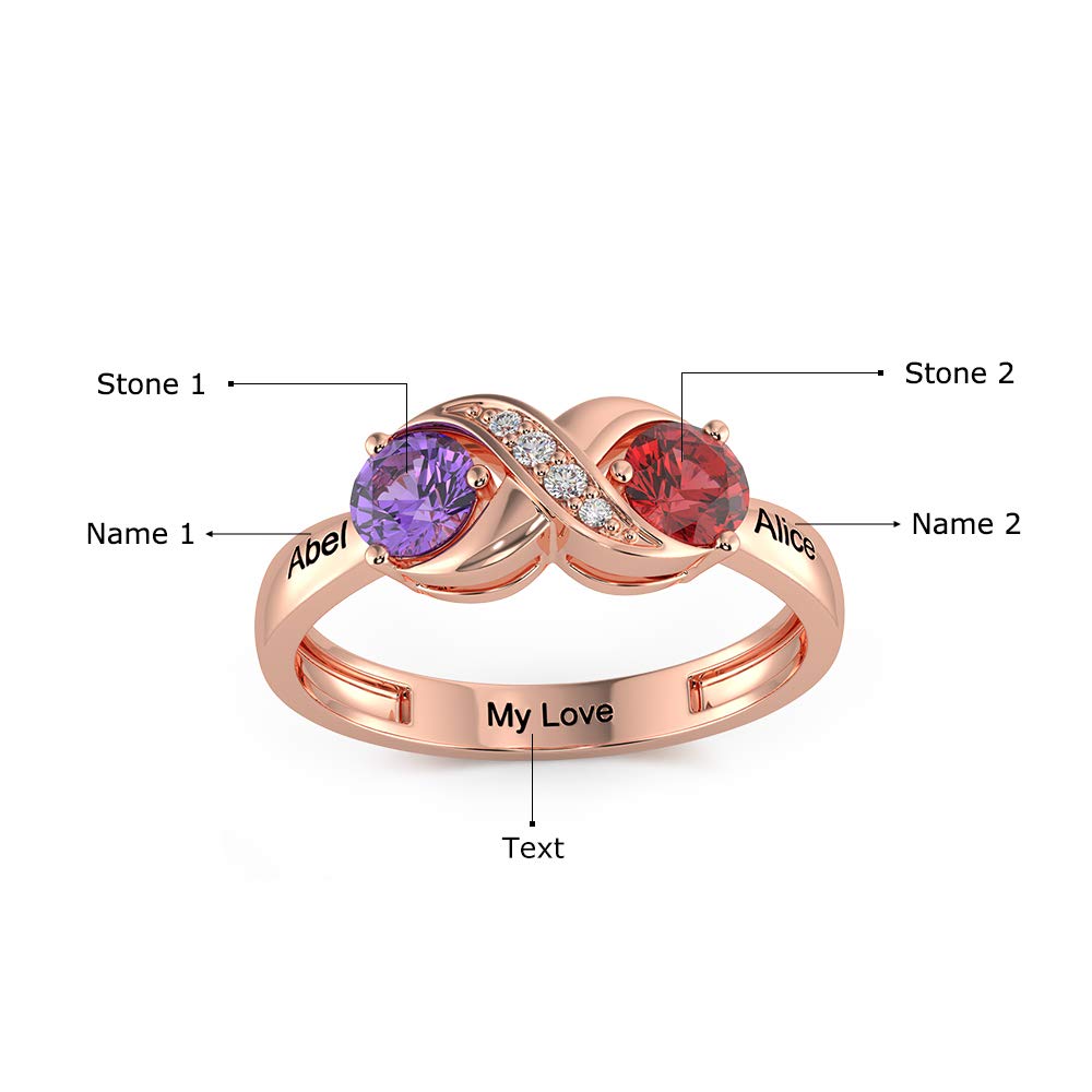 Personalized Infinity Mothers Ring with 2 Round Simulated Birthstones Custom Engraved Engagement Promise Rings for Women (rose gold, 8)