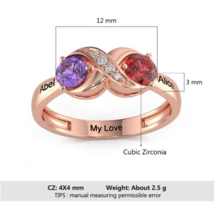 Personalized Infinity Mothers Ring with 2 Round Simulated Birthstones Custom Engraved Engagement Promise Rings for Women (rose gold, 8)