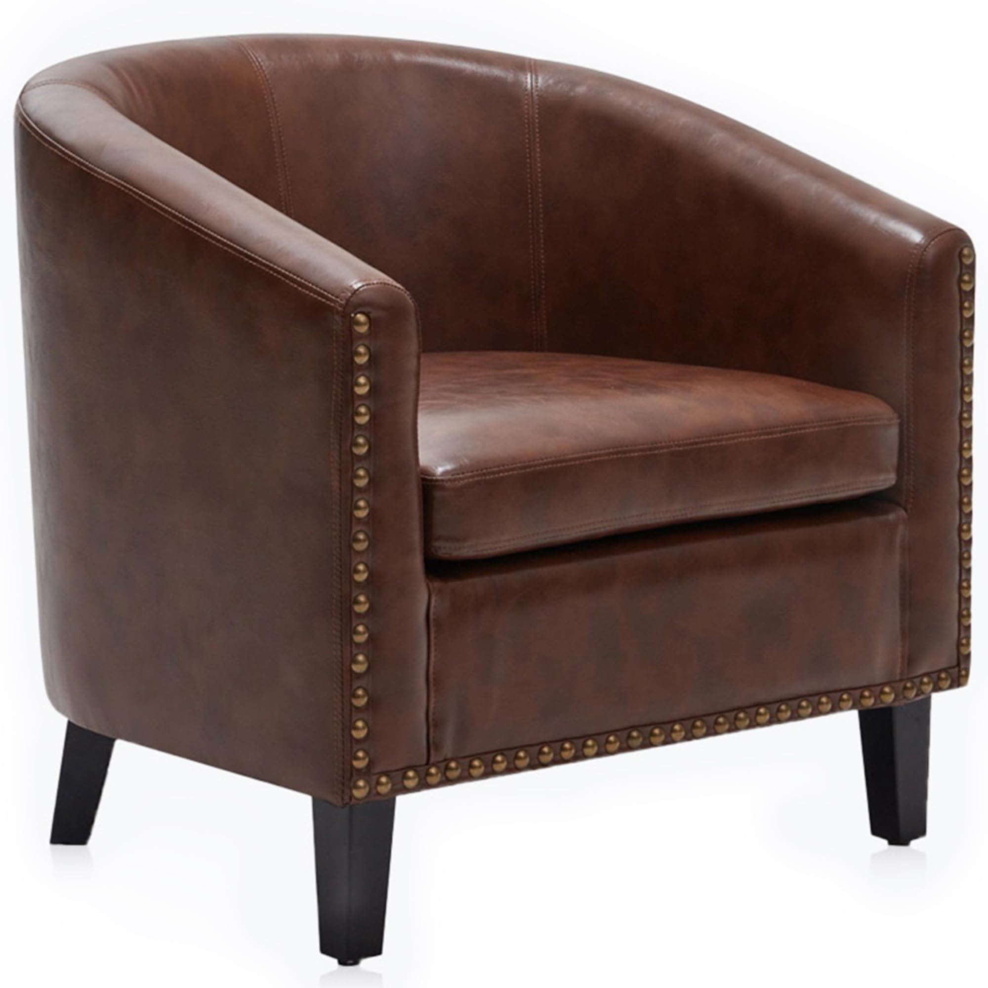 BELLEZE Accent Barrel Chair, Modern Tub Club Chair Upholstered Armchair for Living Room, Faux Leather Chair with Gold Nail Head Trim Black Legs - Kyara (Brown)