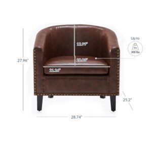 BELLEZE Accent Barrel Chair, Modern Tub Club Chair Upholstered Armchair for Living Room, Faux Leather Chair with Gold Nail Head Trim Black Legs - Kyara (Brown)