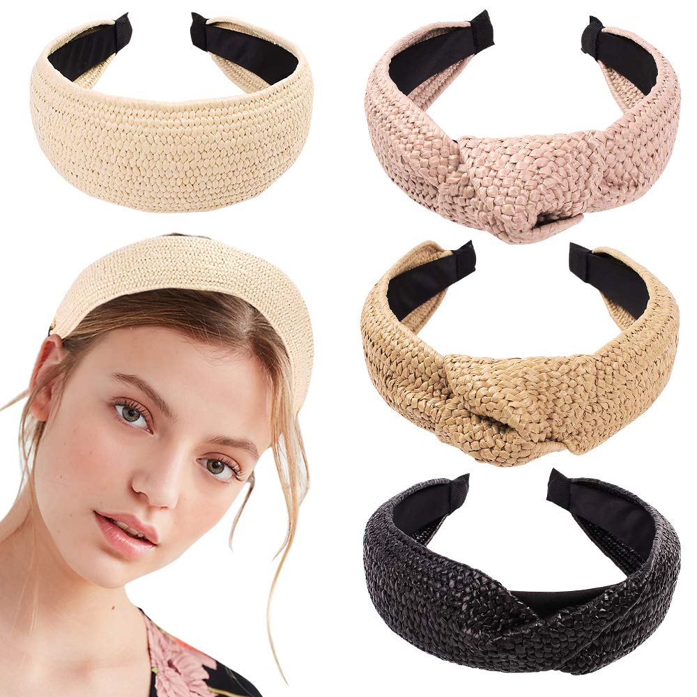 Ivyu Hairband - 4 Mixed Color Straw Braid Twist Headbands for Women's hair, Wide Thick Top Knot Hairbands for Girls, Beauty Product, Beech Accessories