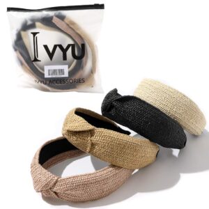 Ivyu Hairband - 4 Mixed Color Straw Braid Twist Headbands for Women's hair, Wide Thick Top Knot Hairbands for Girls, Beauty Product, Beech Accessories