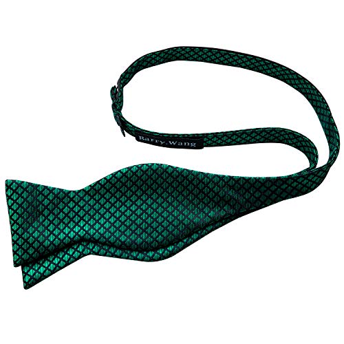 Barry.Wang Men Emerald Green Plaid Self Bow Tie Set with Pocket Square Cufflinks Silk Designer Bowtie Necktie