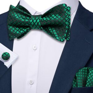 Barry.Wang Men Emerald Green Plaid Self Bow Tie Set with Pocket Square Cufflinks Silk Designer Bowtie Necktie