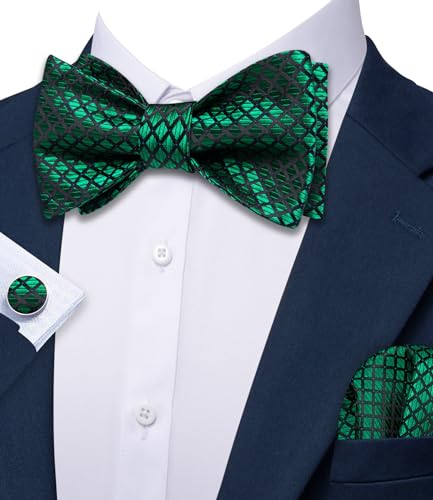 Barry.Wang Men Emerald Green Plaid Self Bow Tie Set with Pocket Square Cufflinks Silk Designer Bowtie Necktie