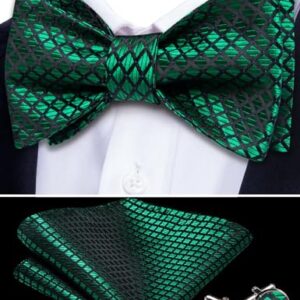 Barry.Wang Men Emerald Green Plaid Self Bow Tie Set with Pocket Square Cufflinks Silk Designer Bowtie Necktie