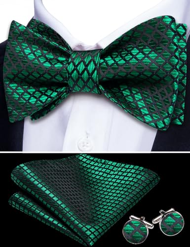 Barry.Wang Men Emerald Green Plaid Self Bow Tie Set with Pocket Square Cufflinks Silk Designer Bowtie Necktie