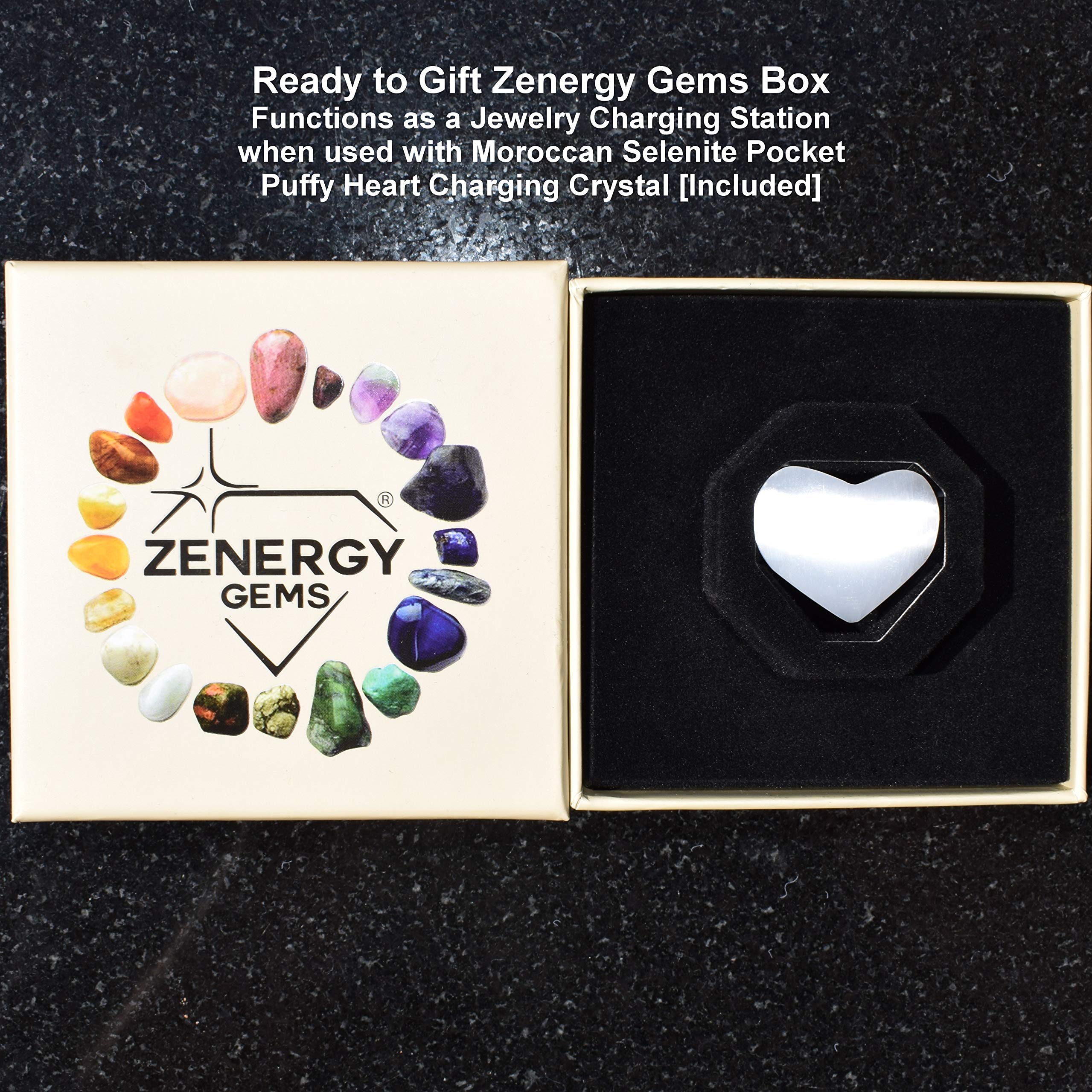 Zenergy Gems Charged Premium Natural Black Tourmaline Crystal 4mm Bead Bracelet + Baby Moroccan Selenite Puffy Heart Charging Crystal