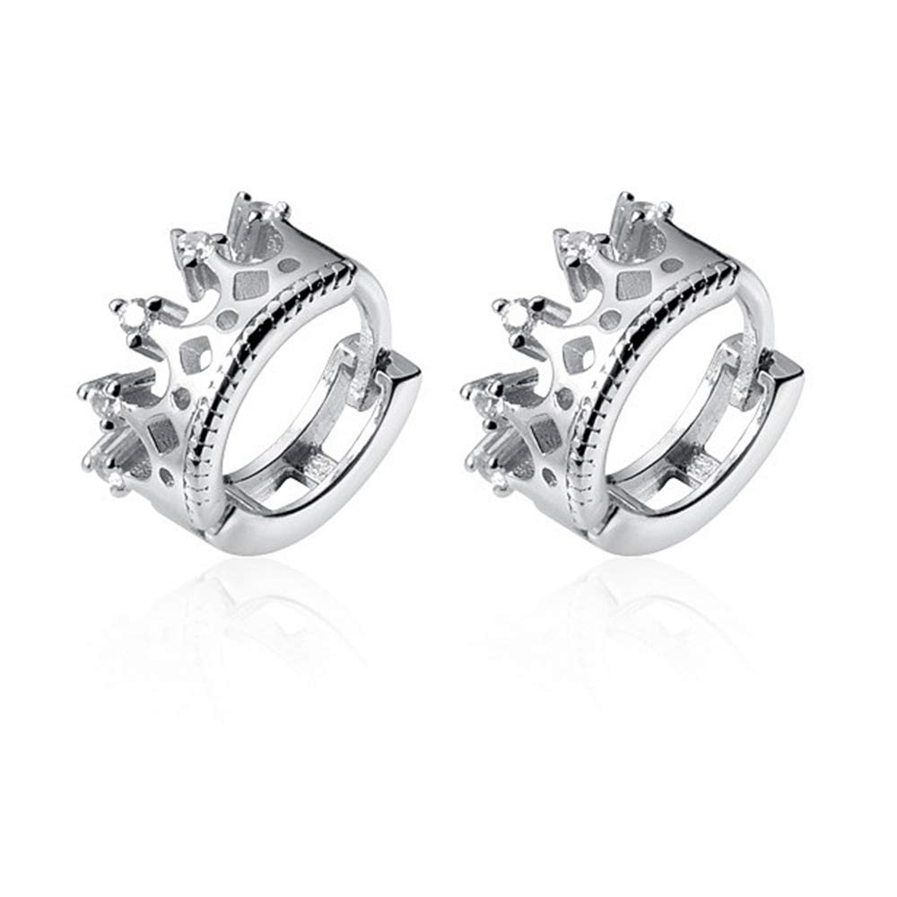 CZ Princess Crown Cubic Zirconia Small Hoop Earrings for Women 925 Sterling Silver Dainty Cute Tiny Huggie Hinged Hoops Tragus Pose Pin Hypoallergenic Earrings Jewelry (Silver)