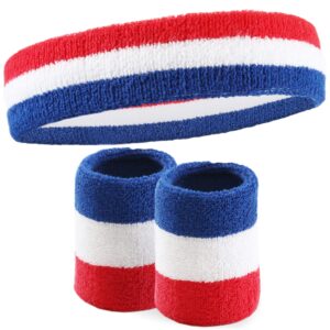 Sports Sweatband Headband Wristband Set - Terry Cloth Headbands for Men & Women, Head & Wrist Sweat Bands for Tennis, Sports, Basketball, Gym, Exercise - USA