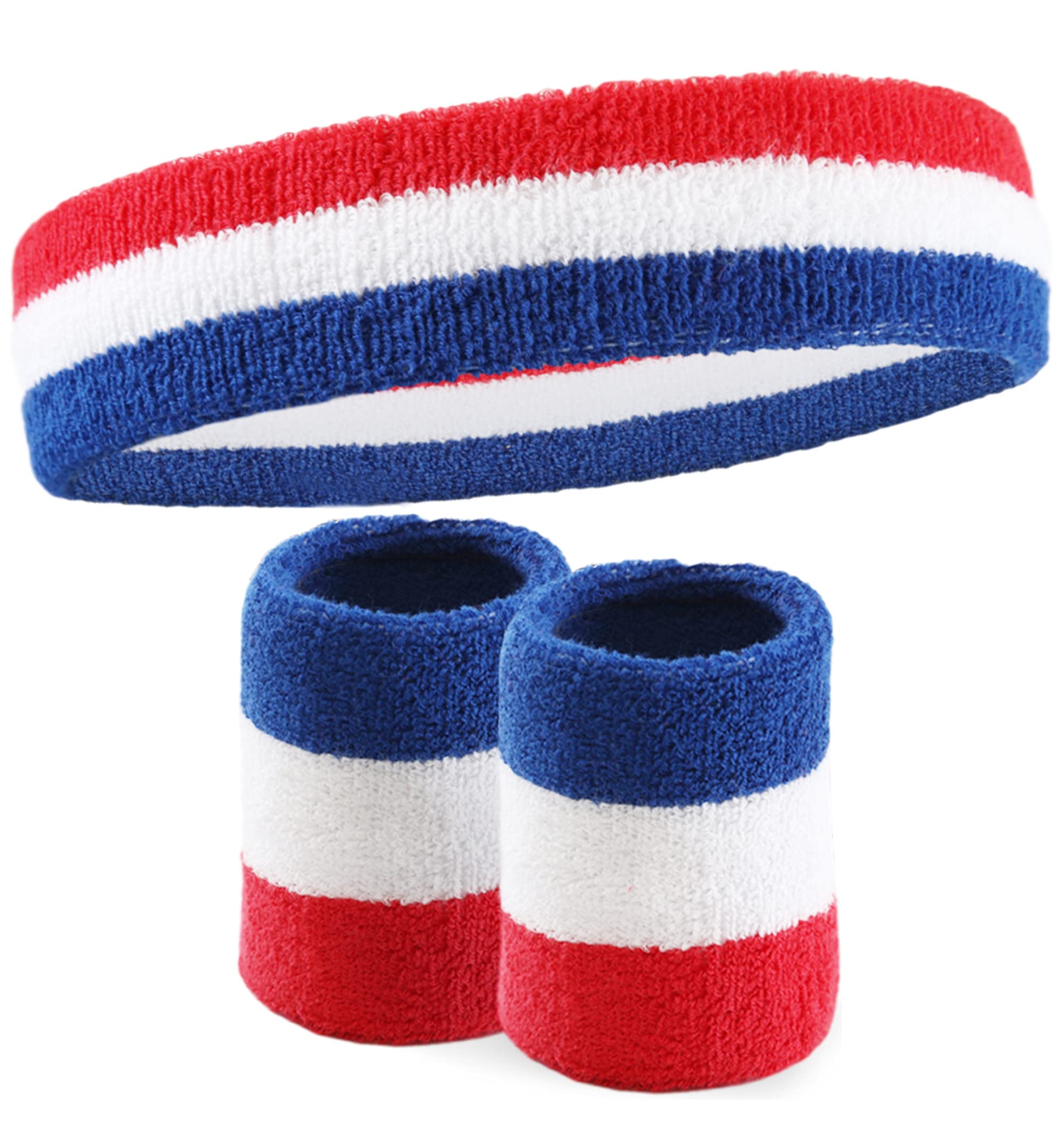 Sports Sweatband Headband Wristband Set - Terry Cloth Headbands for Men & Women, Head & Wrist Sweat Bands for Tennis, Sports, Basketball, Gym, Exercise - USA