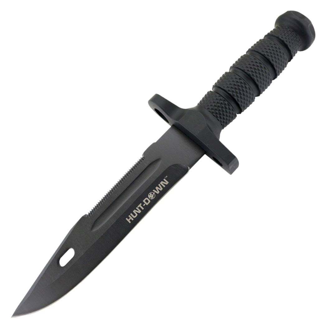 HUNT-DOWN 12.5" All Black Hunting Knife 3CR13 Stainless Steel Rubber Grip Handle