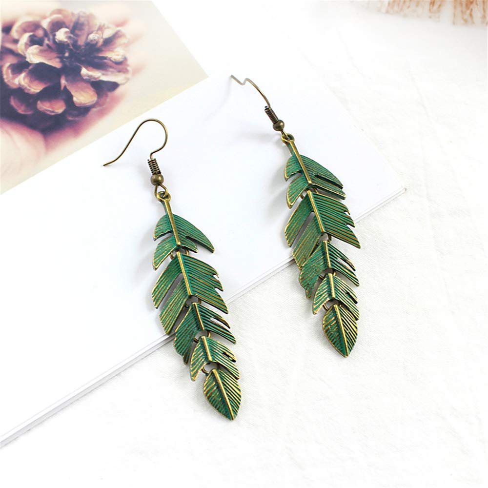 Handmade Boho Vintage Green Bronze Lightweight Statement Leaf Earrings with Detailed Texture Drop Dangle Earring for Women (Green)