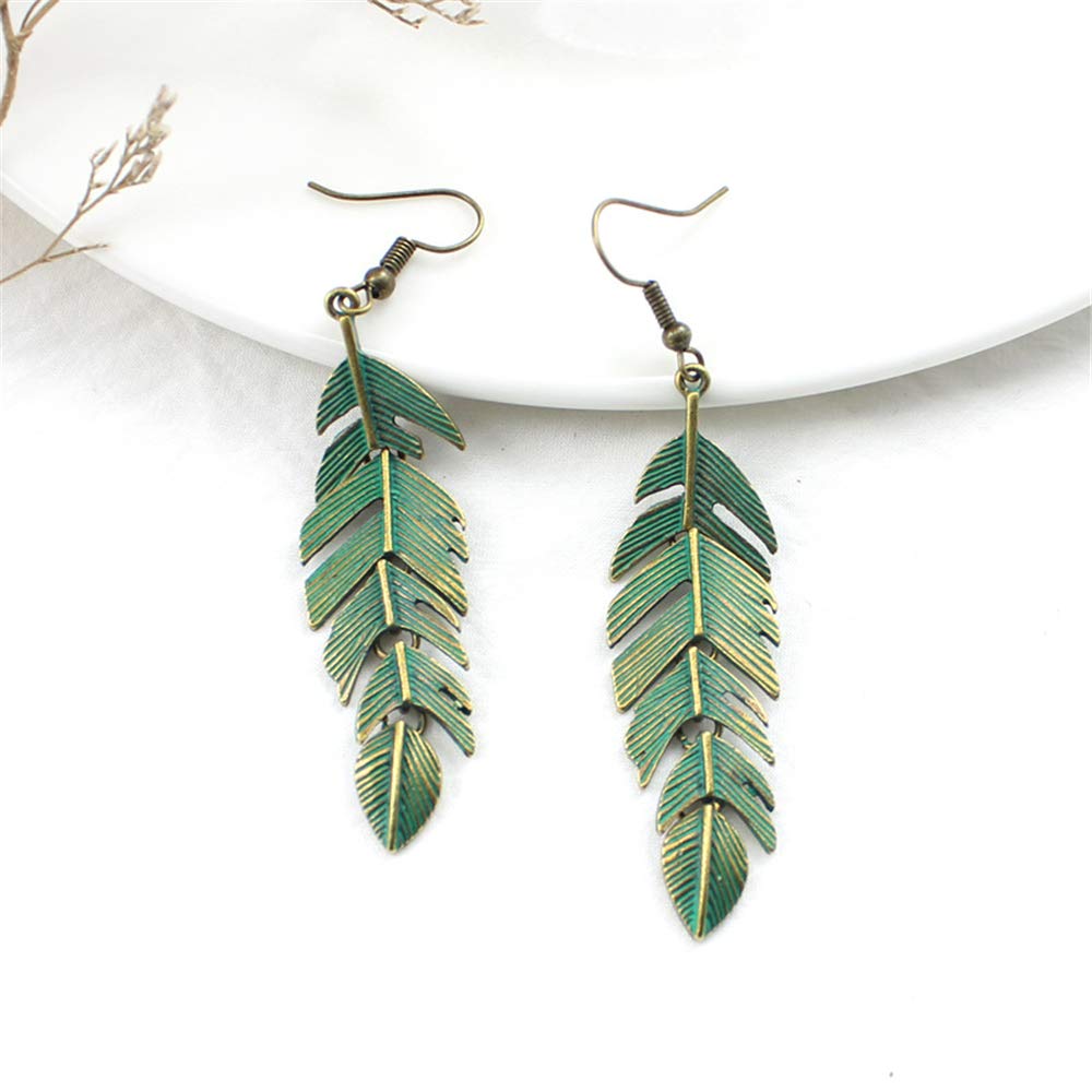 Handmade Boho Vintage Green Bronze Lightweight Statement Leaf Earrings with Detailed Texture Drop Dangle Earring for Women (Green)