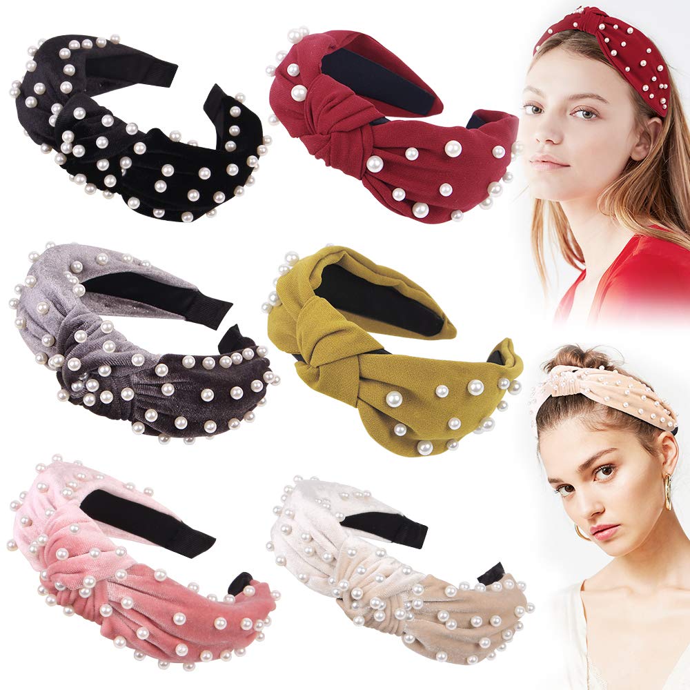 Ivyu Headbands Women Hair Head Bands - 6 Pcs Pearl Knotted Head Bands Cute Velvet Top Knot Turban Hairbands Fashion Girls Vintage Boho Beauty Wide headbands Fashion Hair Accessories