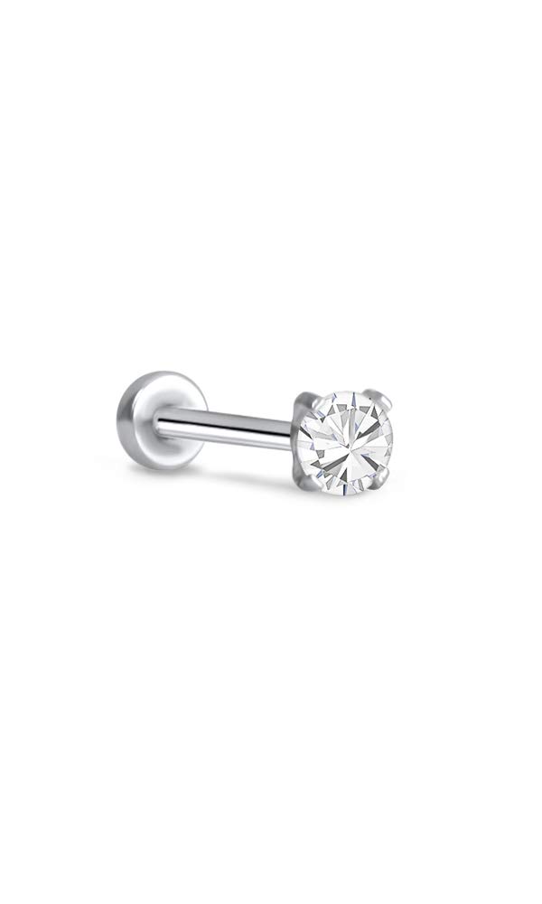 316 Stainless Steel Threadless Push Pin Nose Ring Labret Monroe Stud 2.5mm Prong Clear CZ 20G