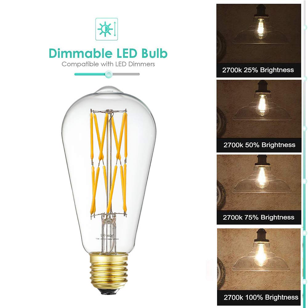 Leools Vintage 10W LED Edison Bulb Dimmable, 100W Equivalent Antique Style Filament Light Bulbs, Clear Glass, Warm White 2700K, 1200LM, E26 Base, Decorative, 360 Degrees Beam Angle, Pack of 4.