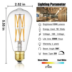 Leools Vintage 10W LED Edison Bulb Dimmable, 100W Equivalent Antique Style Filament Light Bulbs, Clear Glass, Warm White 2700K, 1200LM, E26 Base, Decorative, 360 Degrees Beam Angle, Pack of 4.