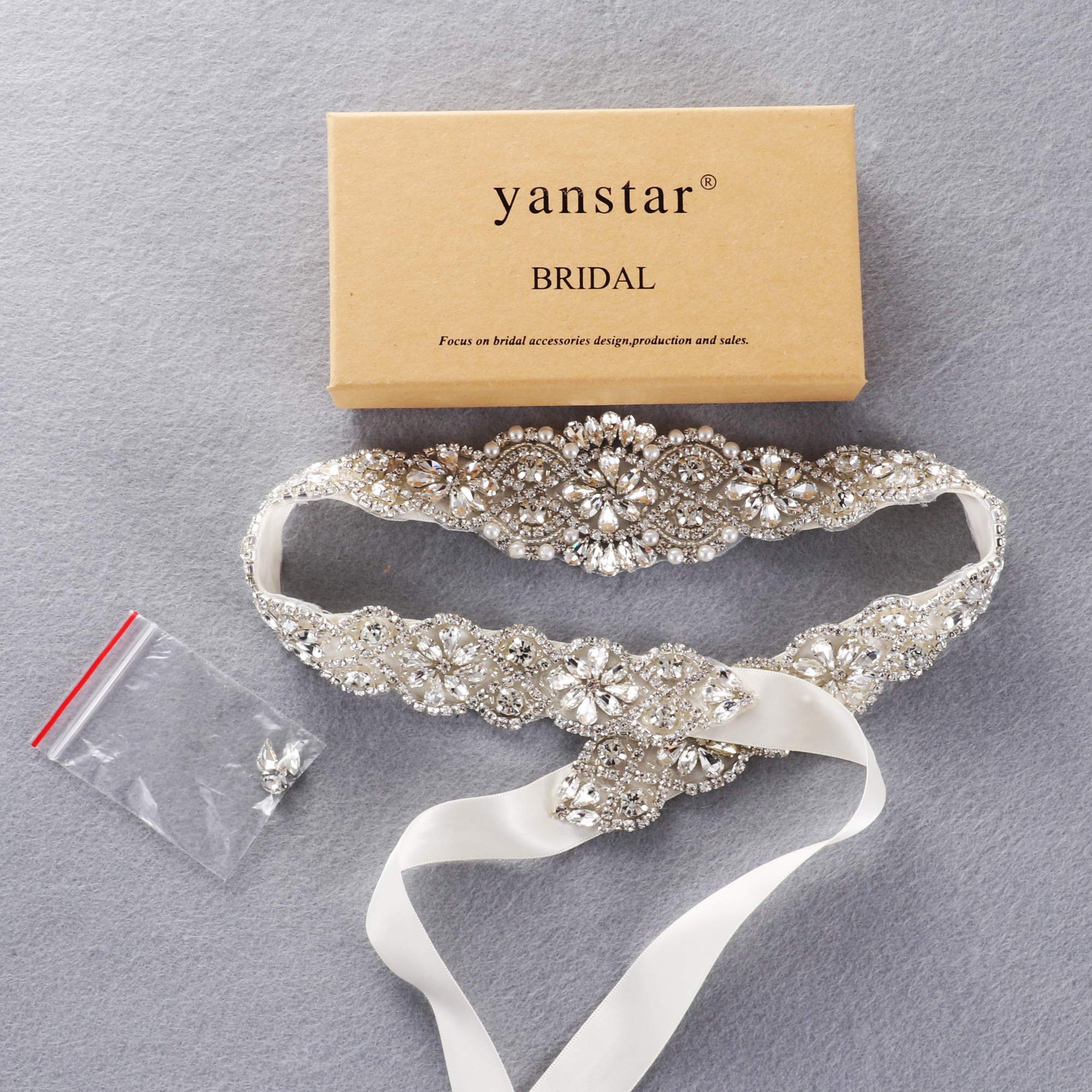 yanstar Bridal Rhinestone Wedding Belts Hand Clear Crystal 22In Length with Ivory Organza Ribbon for Bridal Gowns