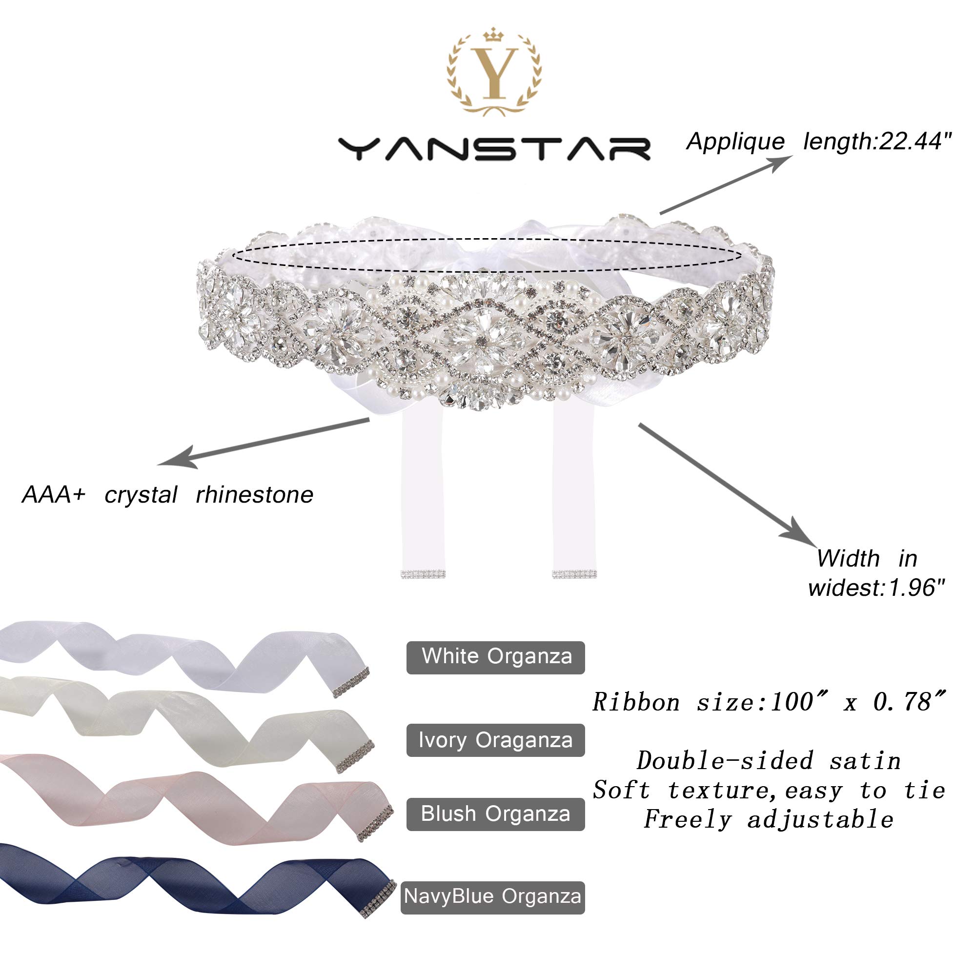 yanstar Bridal Rhinestone Wedding Belts Hand Clear Crystal 22In Length with Ivory Organza Ribbon for Bridal Gowns