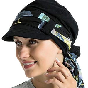 JarseHera Chemo Hats for Women Bamboo Cotton Lined Newsboy Caps with Scarf Double Loop Headwear for Cancer Hair Loss Black