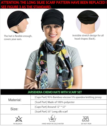 JarseHera Chemo Hats for Women Bamboo Cotton Lined Newsboy Caps with Scarf Double Loop Headwear for Cancer Hair Loss Black