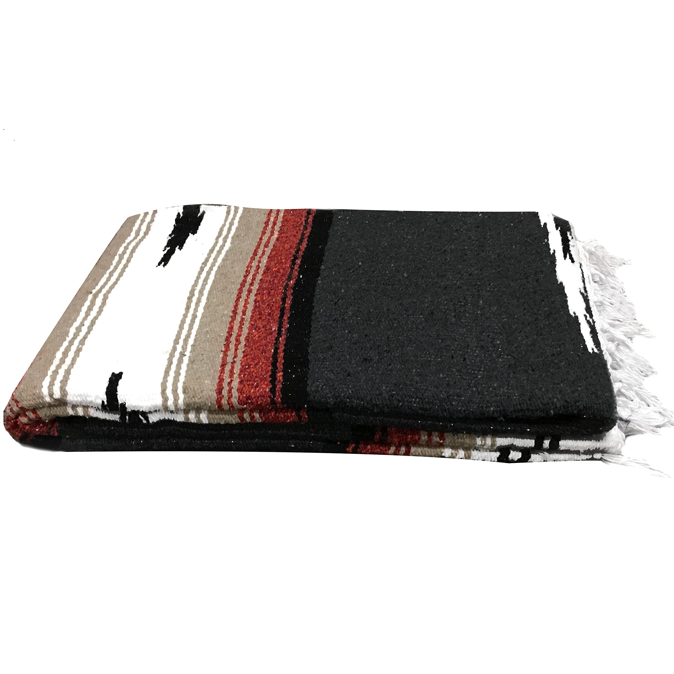 Open Road Goods Black Mexican Yoga Blanket - Thick Diamond Serape with Red, Brown, Tan and White Stripes