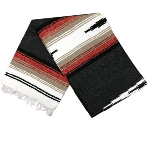 Open Road Goods Black Mexican Yoga Blanket - Thick Diamond Serape with Red, Brown, Tan and White Stripes