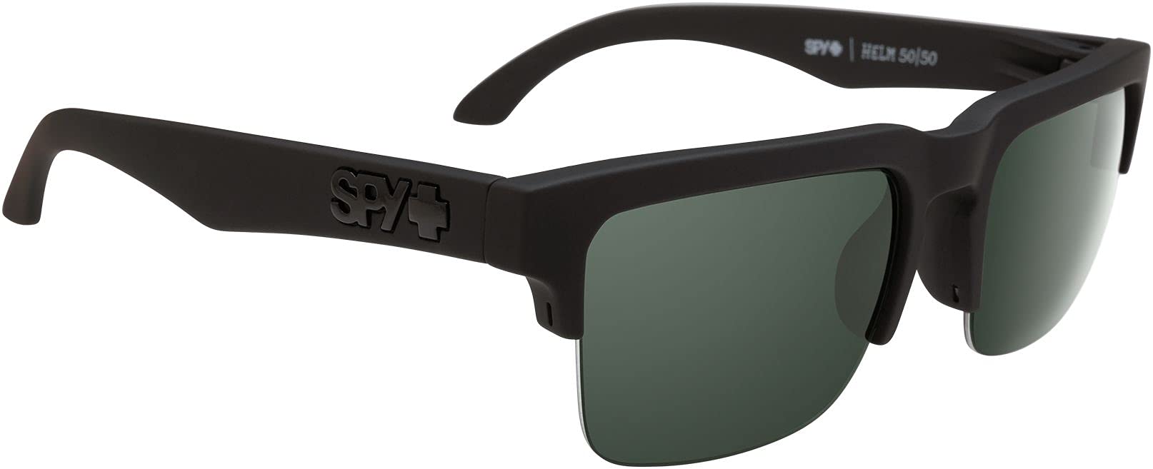 SPY Optic Helm 50/50, Square Semi-rimless Sunglasses, Color and Contrast Enhancing Lenses, Soft Matte Black - Happy Gray Green Polarize Lenses