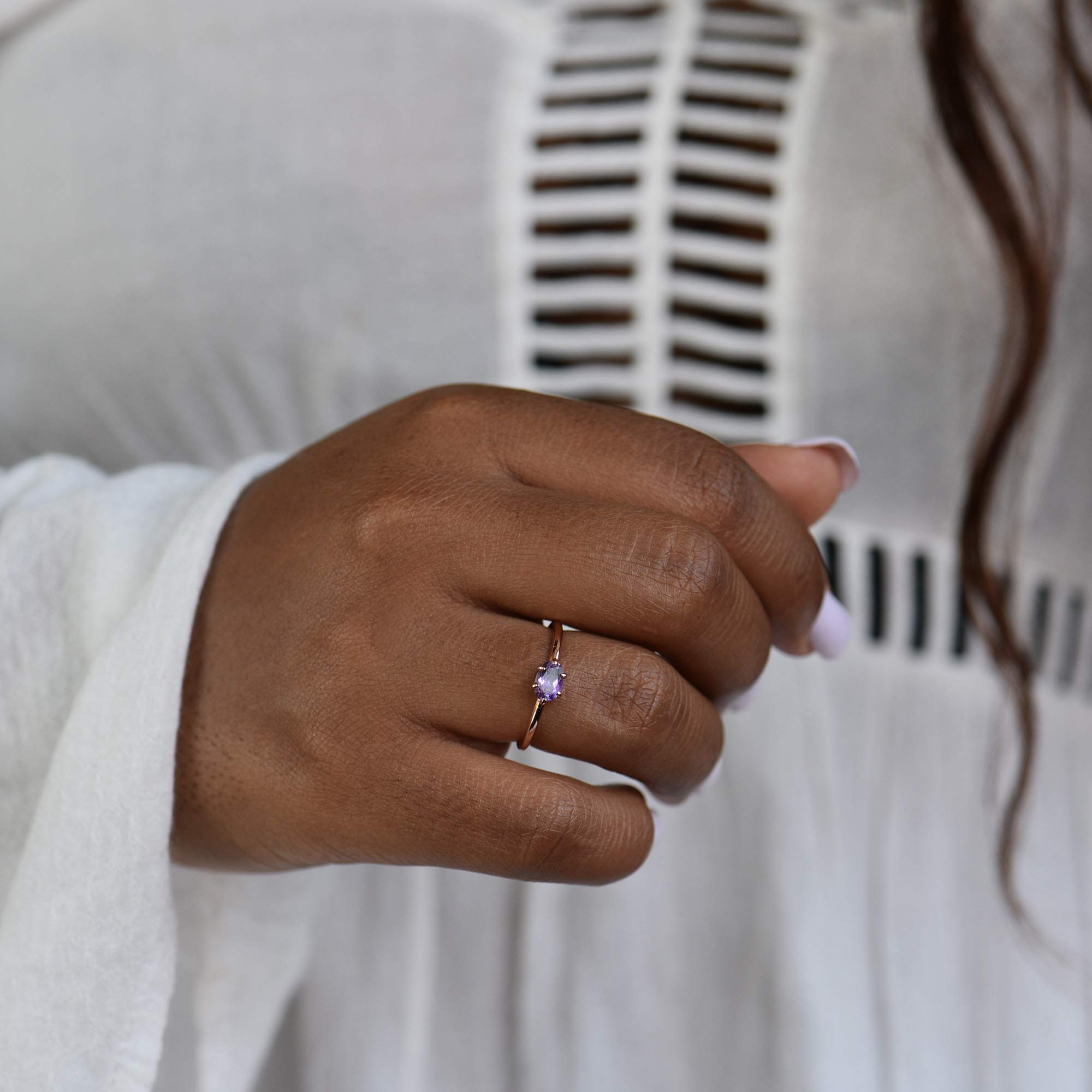 BLOSSOM & HUE Vintage Amethyst Ring [18K Rose Gold Plated] Dainty Tiny [Size 6] Minimalist [.925 Sterling Silver Hypoallergenic Core] Gemstone Ring for Women [Hypoallergenic]