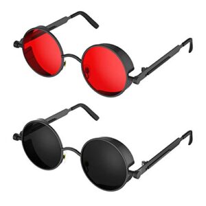 prouddemon retro gothic steampunk sunglasses for women men round lens metal frame(2pack black grey & black red)