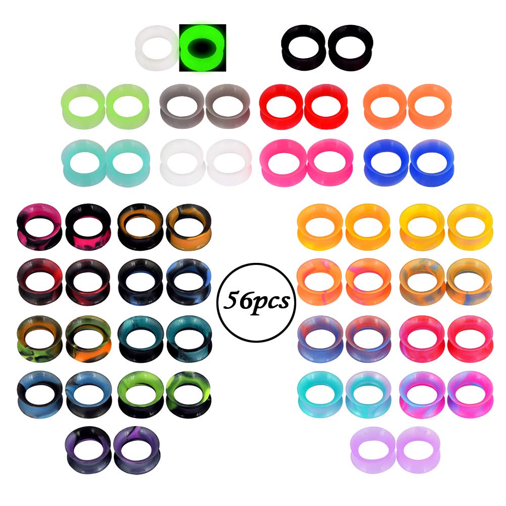 YOFANST 56pcs Colorful Silicone Ear Gauges Double Flared Ear Tunnels Set Stretchers Expander Ear Piercing Jewelry 10mm