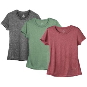 icyzone Workout Running Tshirts for Women - Fitness Athletic Yoga Tops Exercise Gym Shirts (Pack of 3) (L, Charcoal/Burgundy/Turf Green)