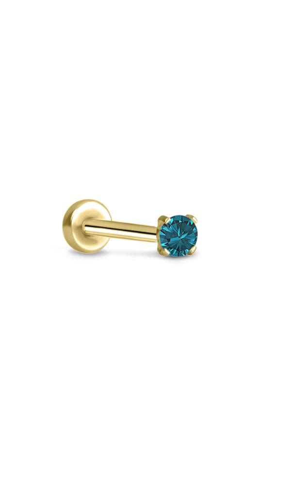 316 Stainless Steel Yellow Gold-Tone Threadless Push Pin Nose Ring Labret Monroe Stud 1.5mm Prong Teal CZ 18G