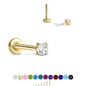 316 Stainless Steel Yellow Gold-Tone Threadless Push Pin Nose Ring Labret Monroe Stud 1.5mm Prong Teal CZ 18G