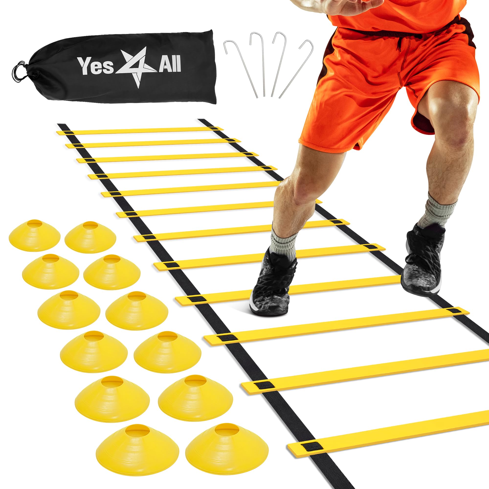 Yes4All Ultimate Combo Agility Ladder Training (Yellow) Set – Speed Agility Ladder Yellow 12 Adjustable Rungs, 12 Agility Cones & 4 Steel Stakes - Included Carry Bag