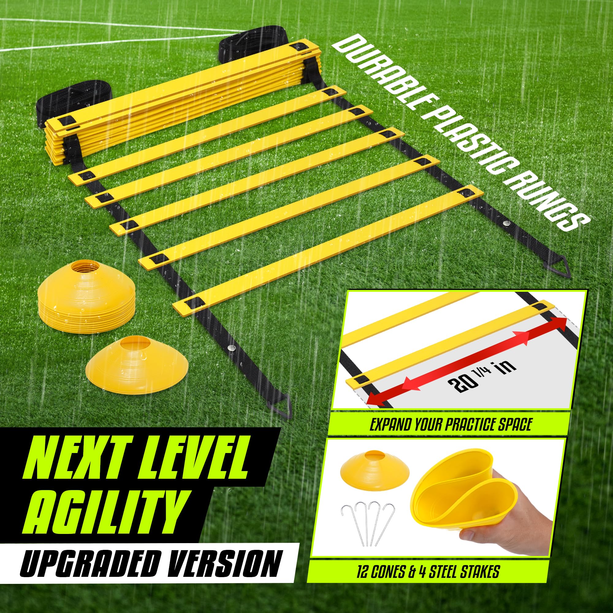 Yes4All Ultimate Combo Agility Ladder Training (Yellow) Set – Speed Agility Ladder Yellow 12 Adjustable Rungs, 12 Agility Cones & 4 Steel Stakes - Included Carry Bag