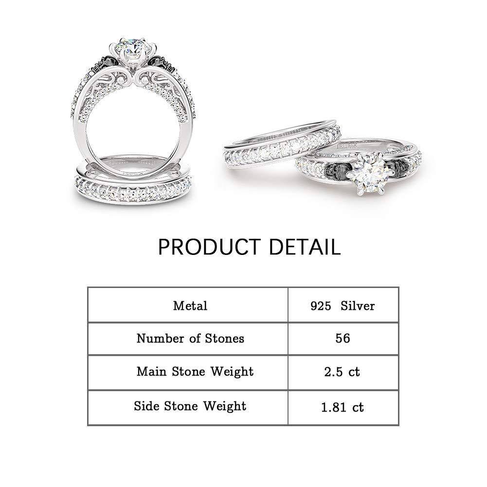 Jeulia 4Carat Women Curved Two Tone Skull Rings Sterling Silver White Diamond Bridal Ring Set Round Cut Halo Engagement Rings Cubic Zirconia Eternity Band Promise Wedding Anniversary (7)