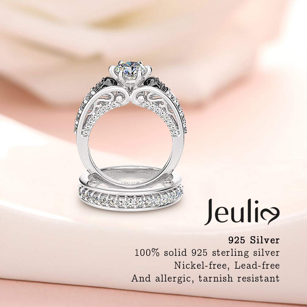 Jeulia 4Carat Women Curved Two Tone Skull Rings Sterling Silver White Diamond Bridal Ring Set Round Cut Halo Engagement Rings Cubic Zirconia Eternity Band Promise Wedding Anniversary (7)