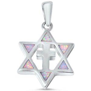 omega diamond co 13847 lab created white opal star of david with cross .925 sterling silver pendant