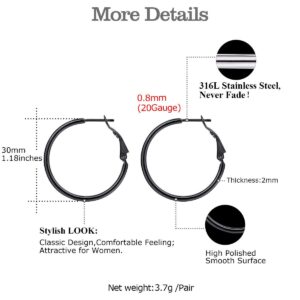 Black Lightweight Thin Hoops | 30mm Black Hoop Earrings for Women