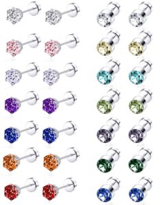 tornito 14 pairs stainless steel cz stud earrings for women multicolor cubic zirconia cartilage helix earrings set screwback 4mm