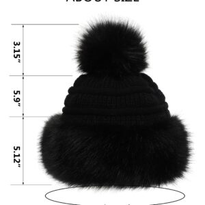 Soul Young Women's Faux Fur Hat Black Russian Cossack Knit Pompom Ski Snow Cap for Winter White(One Size,Black)