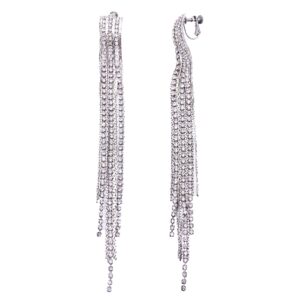 SELOVO Clear Rhinestone Prong Setting Boho Tassel Long Statement Dangle Clip on Earrings Silver Tone