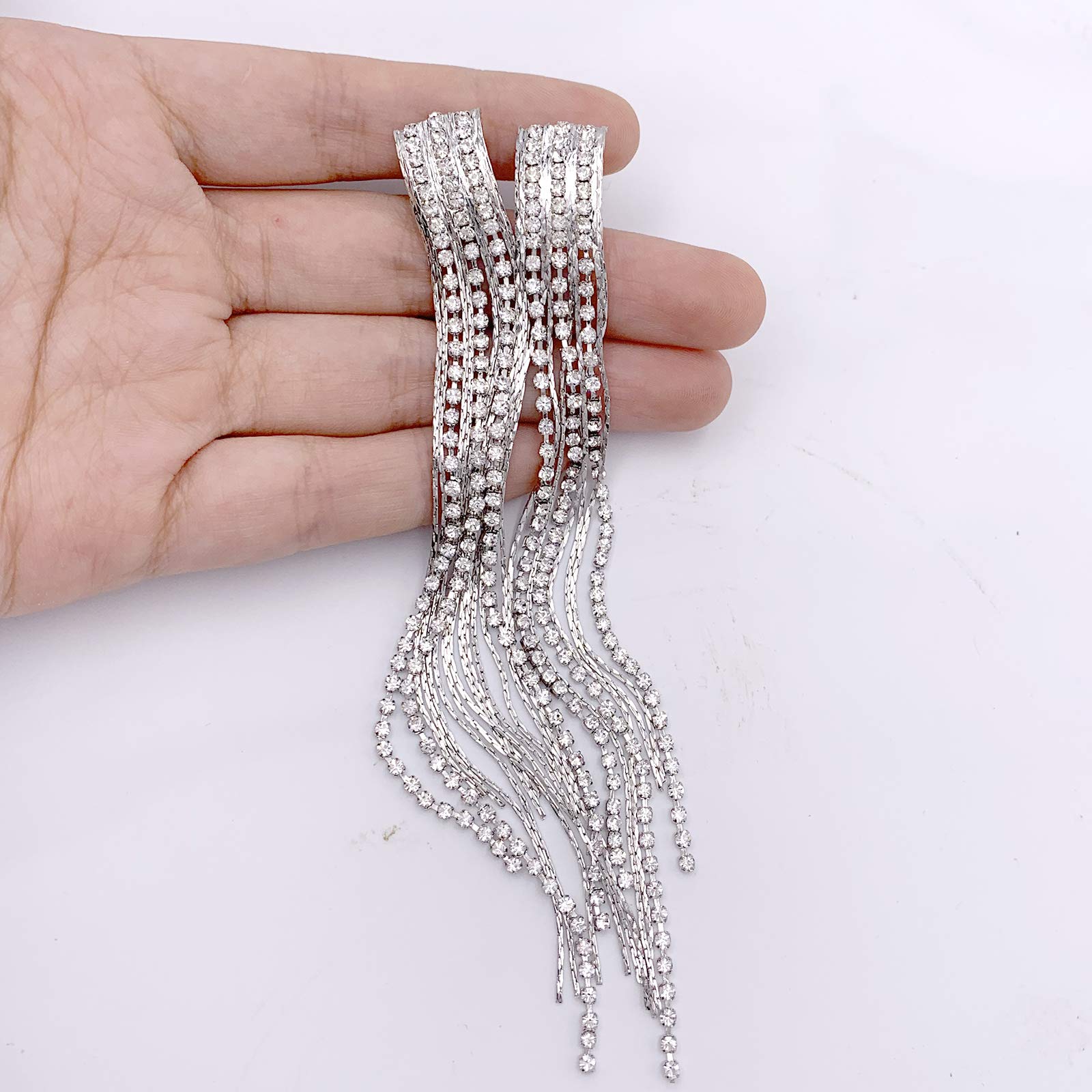 SELOVO Clear Rhinestone Prong Setting Boho Tassel Long Statement Dangle Clip on Earrings Silver Tone