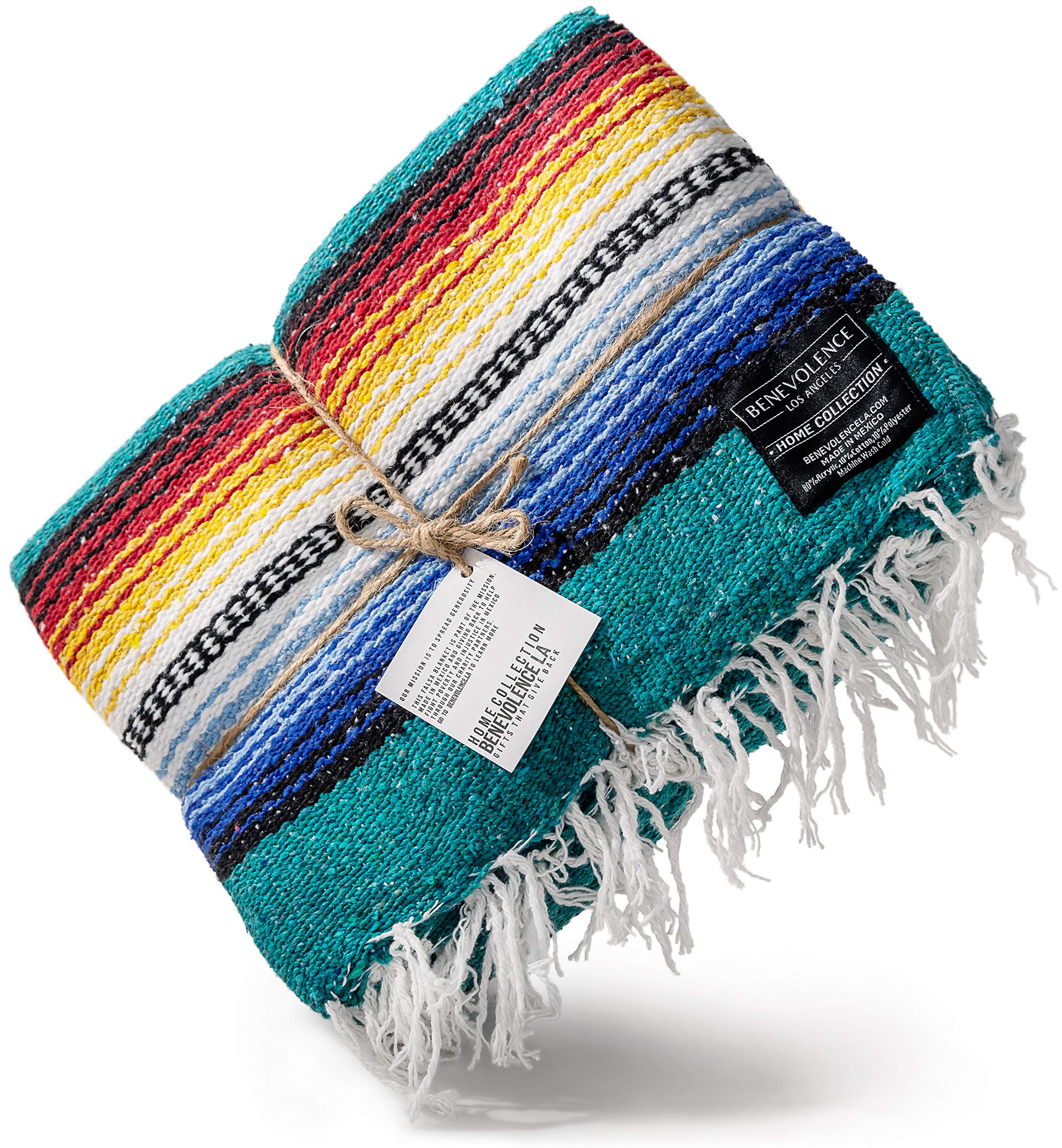 Benevolence LA Mexican Blanket, Authentic Handwoven Yoga Blanket & Outdoor Blanket, Made by Traditional Mexican Artisans, Saddle Blanket, Beach Blanket, Picnic Blanket, & Car Blanket 75 x 52 - Agua